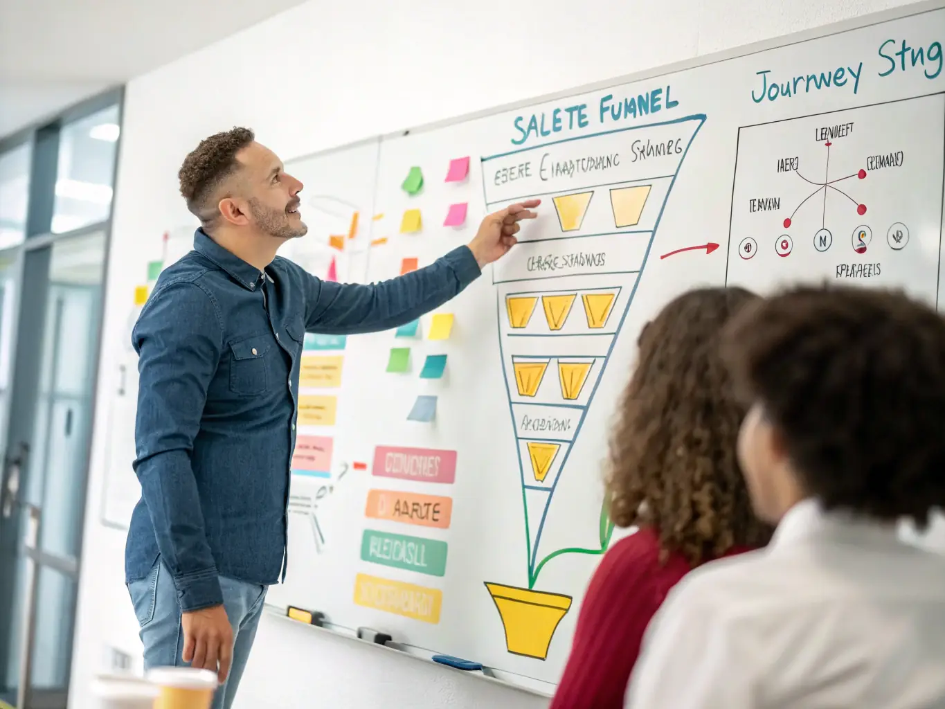 A strategic marketing consultant leading a funnel building workshop, guiding clients through the process of mapping out customer journeys and optimizing conversion paths.
