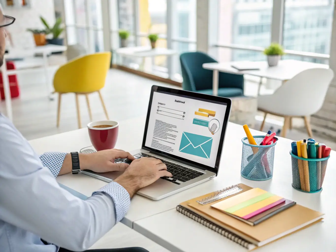 A creative professional designing an engaging email template on a computer, illustrating the personalized and automated email campaigns offered by Social Vault Marketing.