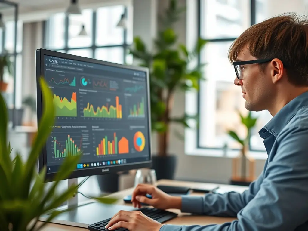 A focused marketing expert analyzing Meta Ads performance metrics on a dashboard, showcasing data-driven insights and optimization strategies for a client's campaign.